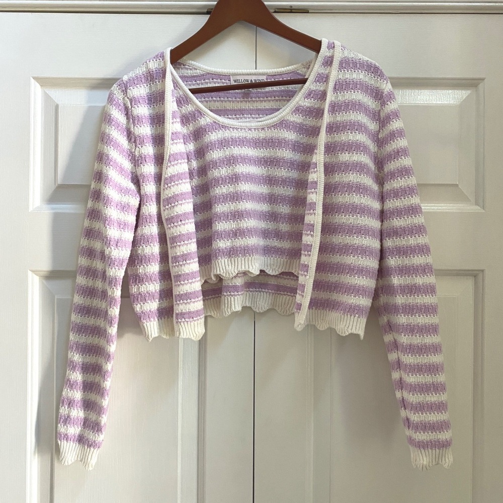 Willow & Wind Sweater Set Women Med Purple Stripe Cropped Coquette Cottagecore